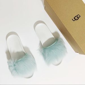 New UGG Royale Treadlite white baby blue lamb fur open toe slides sandals size 7